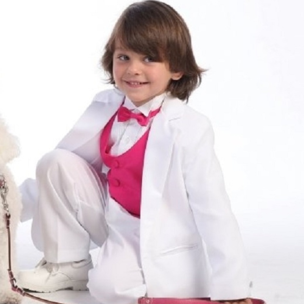 NWT Boys White 5pc Tuxedo Fuchsia Vest & Tie Ring Bearer Easter Sz 7
